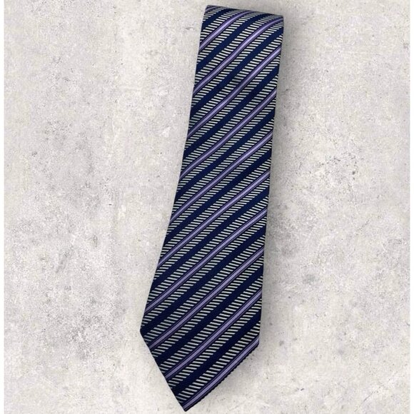 ERMENEGILDO ZEGNA Silk Tie ITALY XL Navy Purple Silver Striped W:3.4